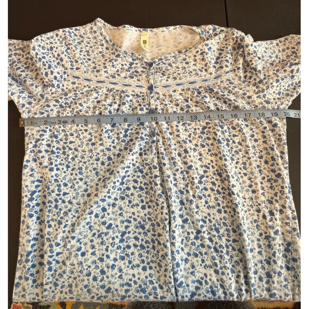 La Cera Nightgown Blue White Floral Lace Lounge Loungewear‎ Cozy Sleep XS